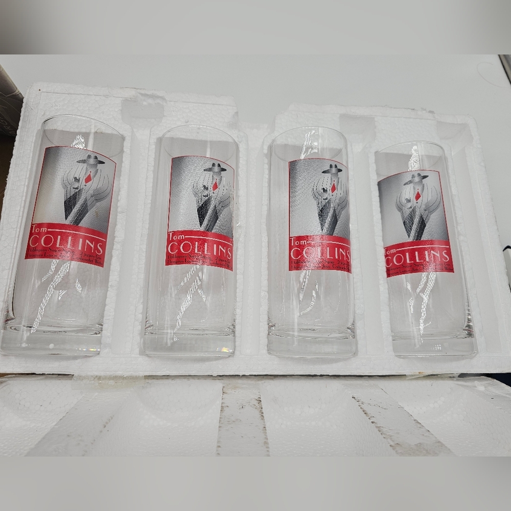 Retro Tom Collins Highball Glasses - Set of 4 - Clear with Red Label